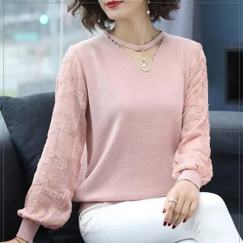 Loose Chiffon Long Sleeve Patchwork V-Neck Ladies Knitwear Spring Chain Decoration Pullovers Elegant Knitted Jumper Tops Women