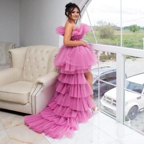 Pink Prom Dresses Ball Gown Strapless Tulle Tiered High Low Sexy Long Prom Gown Evening Dresses Robe De Soiree