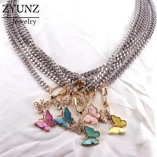 5PCS, Fashion necklace small fresh color butterfly necklace punk chain womens cz micro pave butterfly pendant necklaces