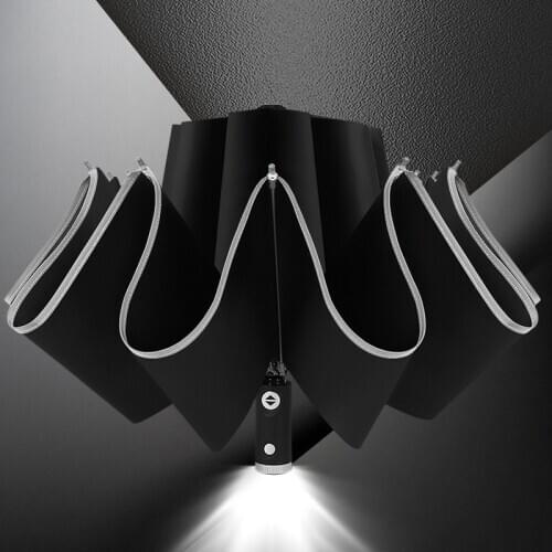 Automatic Reverse Folding LED Flashlight Umbrella with Reflective Fluorescence Strip Windproof Rain Sun Umbrella