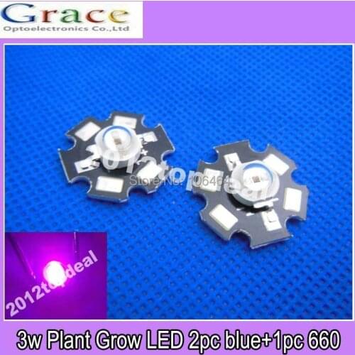 50pc 3W High Power Mixed Color Plant Grow LED 1pcs Red 660nm 2pcs Blue 455nm +20mm star pcb