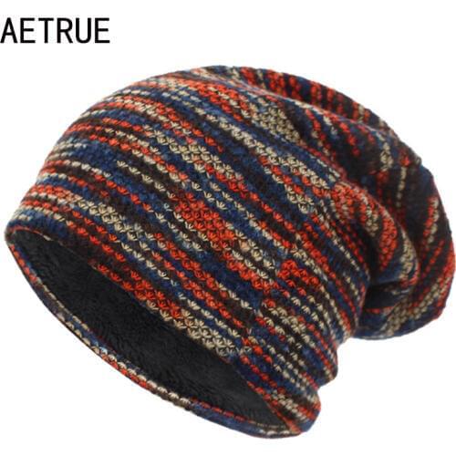 AETRUE Knitted Hat Women Skullies Beanies Winter Hats For Men Bonnet Striped Caps Warm Baggy Soft Female Wool Male Beanie Hat