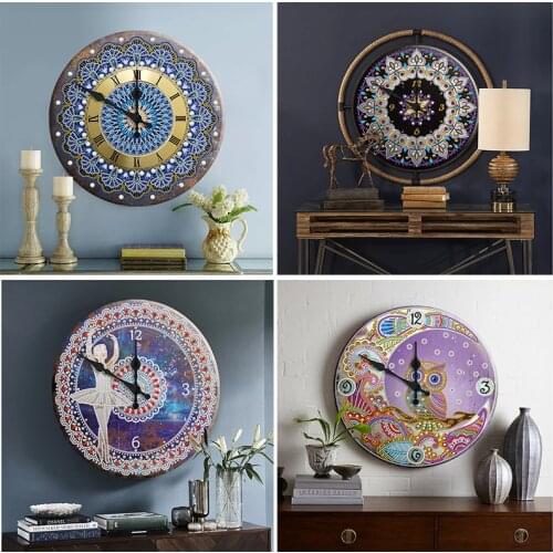 Clock Diamond Painting Round/Special Shape Drill DIY Mandala Animal Dancing Girl Pattern Home Art Clock Pendant Without Battery