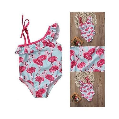 1-6Y Baby Kid Children Beachwear Girls Bird Print Triangle Swimsuit One-Piecesuits One-Shoulder Swimming Bathing Suit