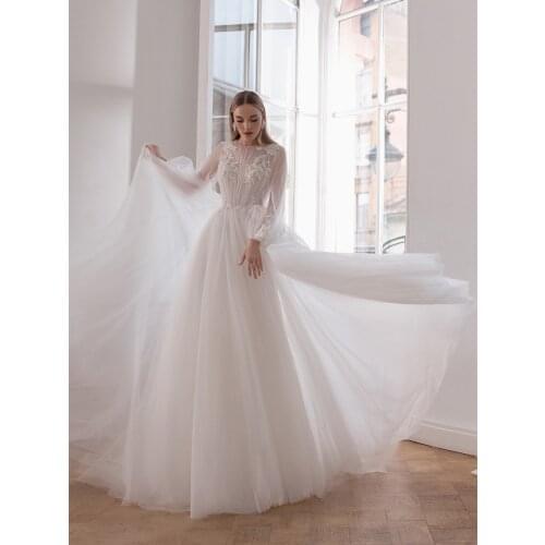 Long Puffy Sleeves Boat Neck Wedding Shoot Dress Customized A Line Pleated Tulle Ceremony Party 2021 Bridal Gowns Plus Size