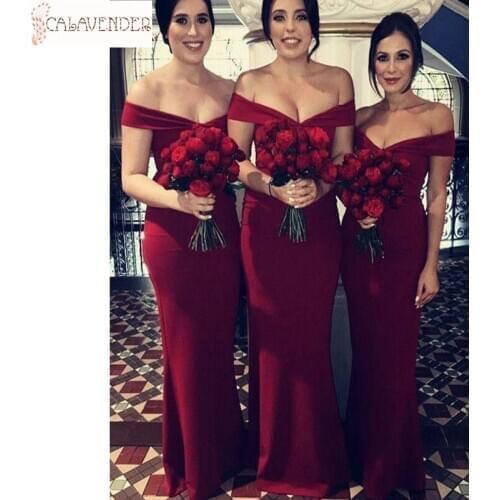 Long Jersey Burgundy Bridesmaids Dresses under 100 Off-shoulder Sheath vestidos de boda invitada largos Wedding Party Dress