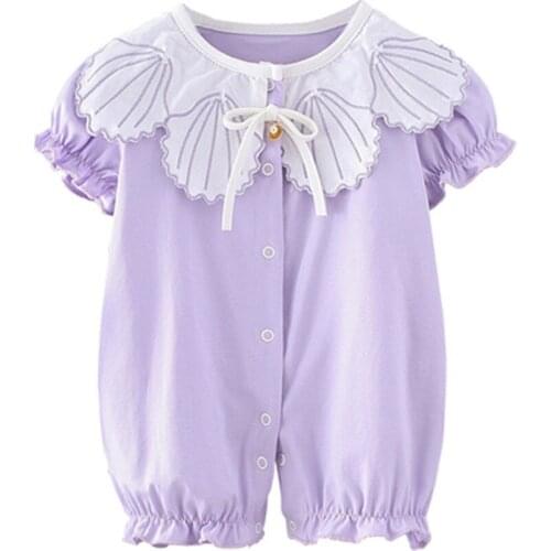 Girls O-Neck Short Sleeve Flowers Side Elastic Purple Cotton Summer Rompers White Lace Decor One-Pieces Rompers