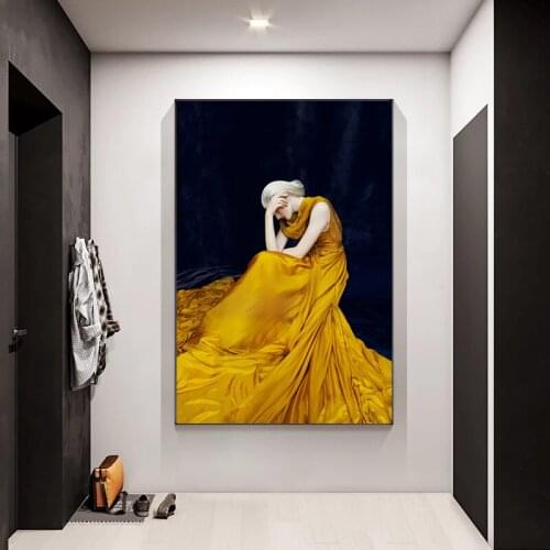 Elegent and Graceful Girls Wall Art Canvas Painting Beautiful Yellow Dress and White-Red Cap Wall Pictures for Living Room Aisle