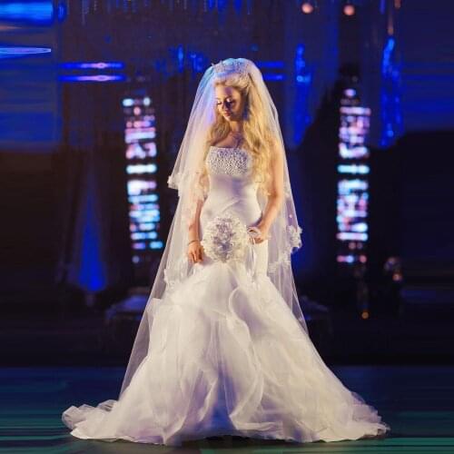 Classic Mermaid Bridal Wedding Dresses Organza Crystal Pearls Beaded Wedding Dressing Gown Strapless Lace-up Back Flouncing