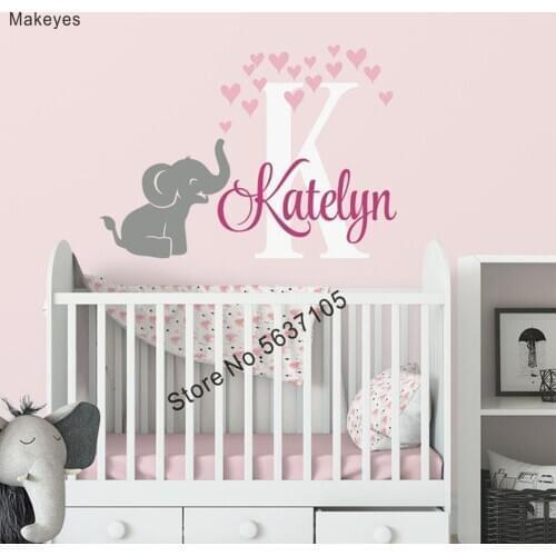 Makeyes Custom Names Wall Sticker Baby Elephant Hearts Wall Decal Vinyl Decor Kids Bedroom Wall Decoration Art Design Mural Q303