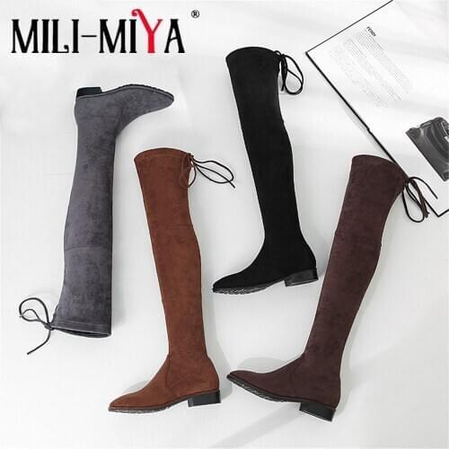 MILI-MIYA Classic Women Over The Knee Riding Boots Suede Stretch Round Toe Square Heels Slip-On Sexy Woman Shoes Long