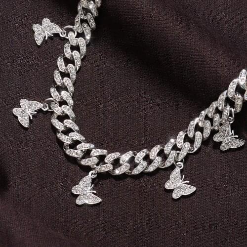 Fashion Punk Butterfly Choker Necklace Chain Wholesale Women Men Rhinestone Rock Cuban Necklace Pendant Charms Rock Jewelry Gift