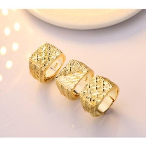 Fashion Light Yellow Gold Color Ring for Men Wedding Anniversary Jewelry Exquisite Suspended Carved Flower Statement Rings 2021