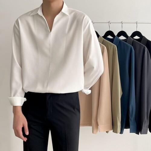Mens Pullover V-Neck Shirt Long Sleeve Loose Top Fall Fashion Korean Mens Solid Color Shirt