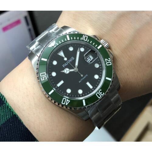 40mm Parnis Sapphire Crystal 21 jewels Automatic Self-Wind Movement Mechanical watches green ceramic Bezel Mens watches pa96-p8