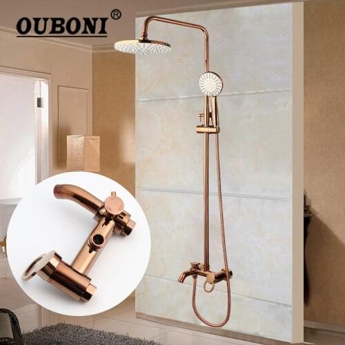 OUBONI Rose Golden Shower Faucet Set Solid Brass Pink Gold Bathroom Bathtub Mixer Rainfall Spray Hand Shower Shower Facuet