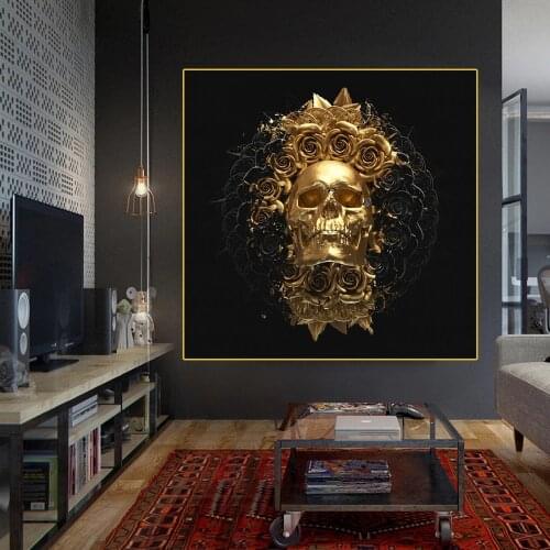 Golden skull rose flower abstract totem wall art poster and gothic style room decoration