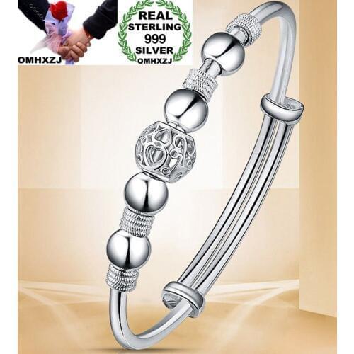 OMHXZJ Wholesale European Fashion Woman Girl Party Wedding Gift Lucky Beads S999 Sterling Silver Cuff Bangle BA04