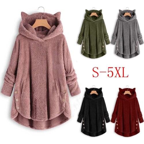 Autumn Winter Hoodies Women Plus Size Button Coat Solid Tops Hooded Pullover Loose Sweatshirts Cat Ear Plush Top Толстовка @40