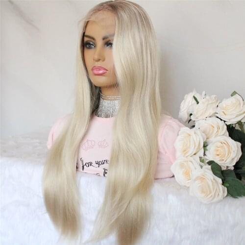 Long Straight Synthetic Lace Wig for Women Blonde with Brown Roots Color Middle Part Hand Tied Heat Resistant Lace Wigs