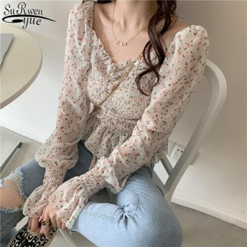 Plus Size 4XL Women Shirt Printed Floral Chiffon Blouse Long Sleeve Short Top Drawstring Bubble Sleeve Shirt Blusas Mujer 14489