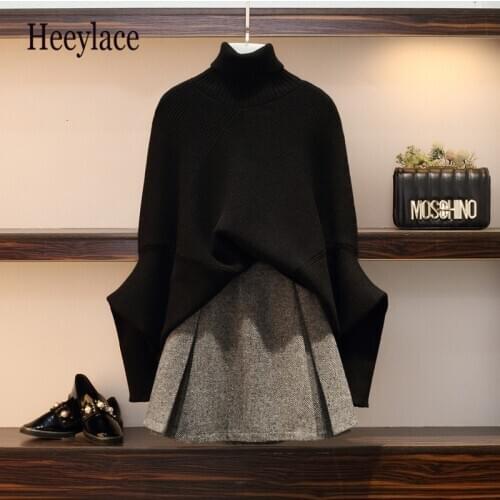 Plus Size Oversize knit Sweater Skirt Suit Bat sleeve pullover+Woolen skirt 2pcs Sets Turtleneck Tops Vintage Skirt Sets