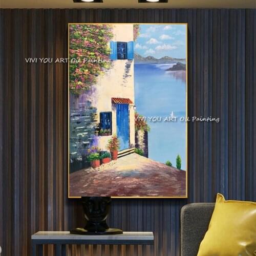 Handmade Europe Abstract Style Light Blue Theme Art House Oil Painting House Decoration Background Wall Drawing Frameless