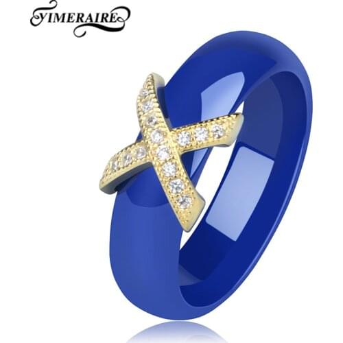 Blue Rings Ceramic Smooth With Bling Cross Gold Silver Crystals For Women Ladies Finger Ring Fashion Popular Wedding Jewelry 6mm