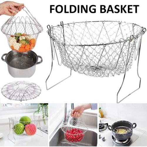 Stainless Steel Folding Kitchen Fryied Potato Basket Multi-Functional Kitchen Tool Drainer Mesh Basket For Fried Fruit Vegetable