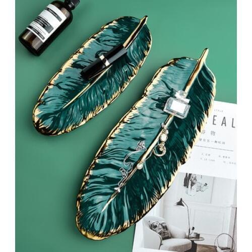 Luxury Ceramic Platter Storage Tray with Glod Rim Green Leaf Glod Feather Jewelry Makeup Brush Storage Decorative Sushi Plate