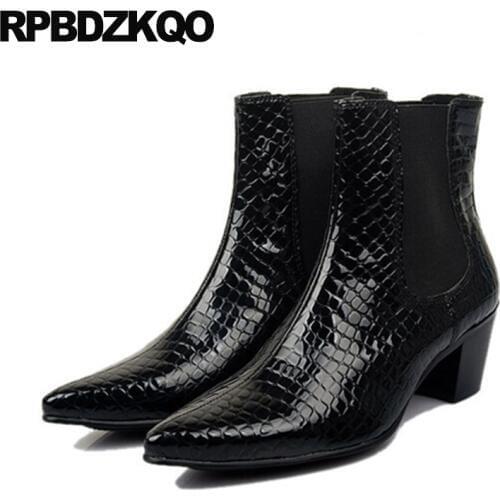 Outdoor chunky booties shoes fashion mens high heel boots chelsea snakeskin pointed toe patent leather full grain black slip on