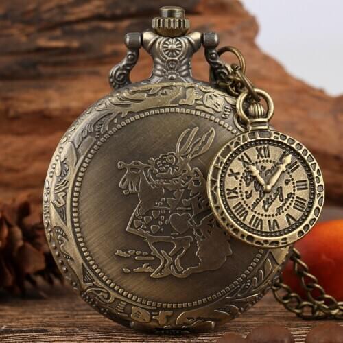 Vintage Bronze Rabbit Pocket Watch with Nice Accessory Roman Number Steampunk Clock Necklace Pendant Watches Reloj De Bolsillo