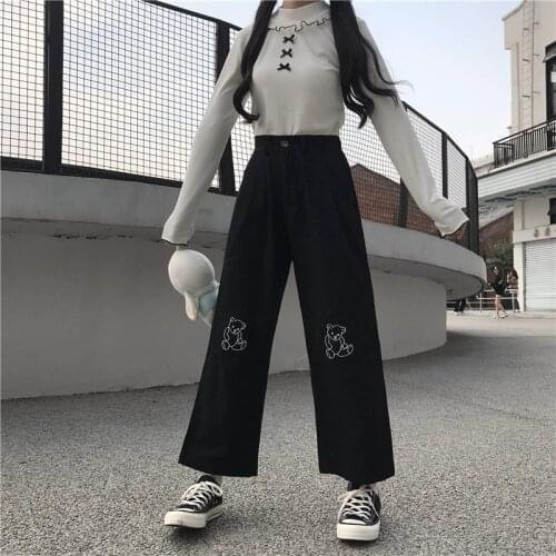 Japanese Harajuku Kawaii Girl Loose Bear Embroidery Wild Leg Loose Pants Casual Women Sweet And Cute Sports Pants Trousers