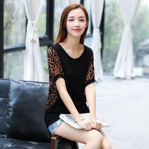 Plus Size Womens Blouse Summer Korean Version of The Loose Cover Belly Tibetan Meat Leopard Stitching Cotton Short Sleeve