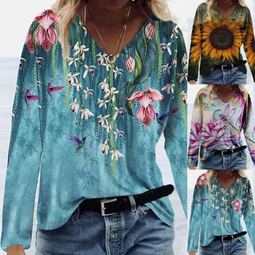 Women Long Sleeves V-Neck T-shirt Retro Color Plants Flowers Printed Casual Tee Shirts Tops Blouse Daily All-match Girls T-shirt