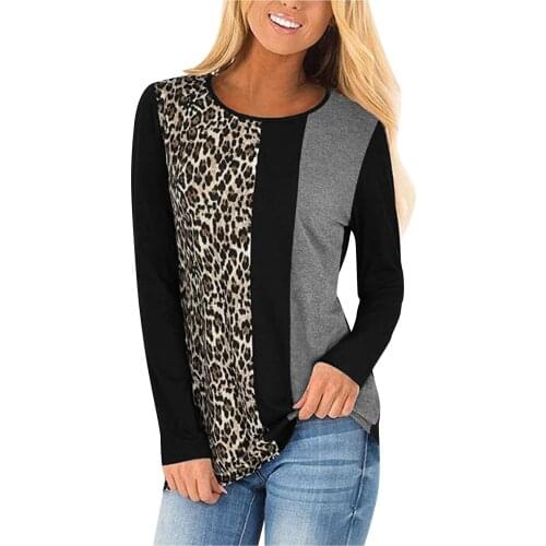 Summer Shirts For Women Korean Beach Leopard Patchwork Pullover Graphic Tee Casual Long Sleeve Tops Street Round Neck T-shirts
