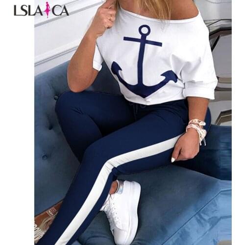 Sweatsuits For Women Skew Neck Half Sleeve Anchor Print Tops & Colorblock Drawstring Pant Streetwear Womens Two Piece Sets