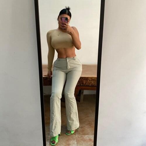 3 Colors Technical Fabric Flare Version Stitching Tailoring Bag Buttocks, Hips, Hips And High Waist Casual Trousers