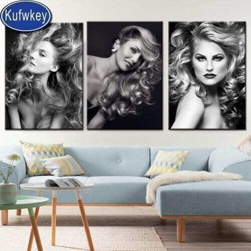 3 pcs set black white woman diamond rhinestone painting cross stitch portrait full square round diamond Emeroidery mosaic kit