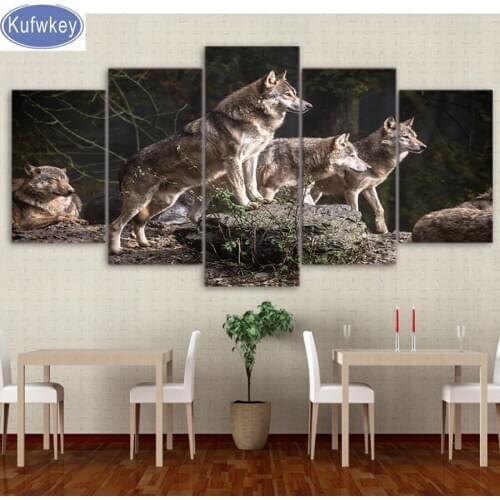 5d,Diamond Painting 5 pcs Cross-Stitch,Full,Diamond Embroidery Wolf Hunting Diamond Mosaic pattern,beaded embroidery,Still life