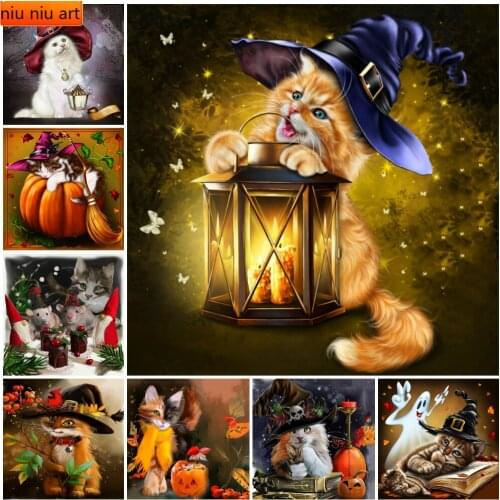 5D DIY Diamond Painting Halloween Pumpkin Diamond Embroidery Cross Stitch Cat Pictures of Rhinestone Mosaic Animal Handmade Gift