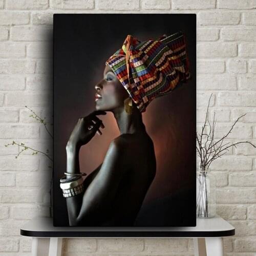 African Art Black Woman with Head Wear Canvas Paintings on The Wall Art Posters and Prints Canvas Wall Pictures for Living Room
