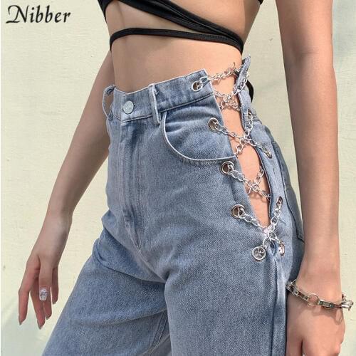 Nibber harajuku high waist hollow out Chain design Slim jeans woman leisure streetwear Commute high quality strgight pants mujer