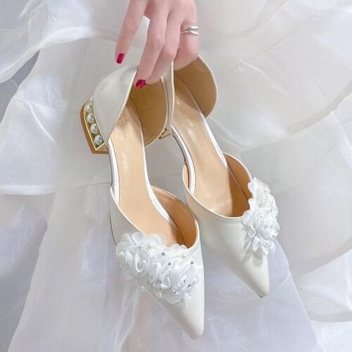 Elegant Flower Low-Heel Ladies Single Shoes Spring And Autumn Hot Sale Pointed Toe Temperament Set-Foot High-Heel Wedding Shoes