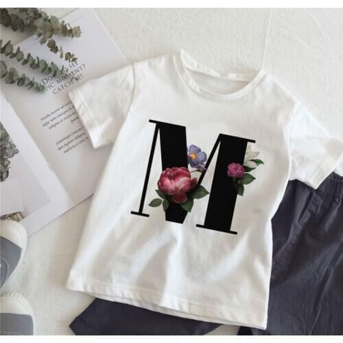 New Cartoon Flower English Alphabet Print Girls T Shirt Leisure Girl T-shirt Children Harajuku Boy Tshirt Kawaii Kids Tops Vogue