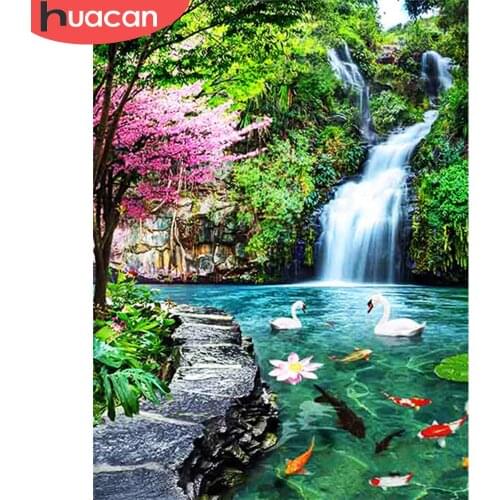 HUACAN 5D Diamond Painting Swan Diamond Embroidery Tree Waterfall Mosaic Landscape Rhinestone Picture Home Decoration
