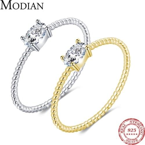 Modian Simple Twist Thin Gold Color Rings Real 925 Sterling Silver Tiny Oval Sparkling Finger Rings For Women Wedding Jewelry