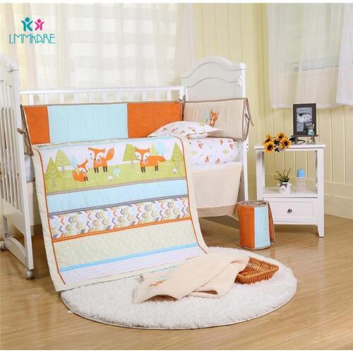 Newborn Baby Bedding Sets Cartoon Fox Embroidery Baby Infant Bed Sheet Quilt Bed Skirt 100% Cotton Baby Bed Bumpers Unisex