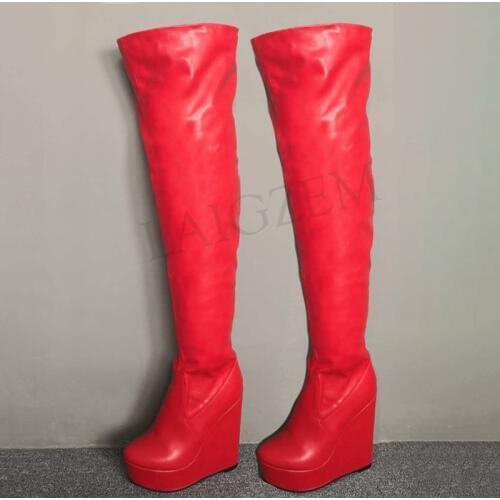 LAIGZEM Over Knee High Womens Boots Side Zip Platform Wedge Heels Winter Boots Shoes Woman Botines Mujer Large Size 50 51 52