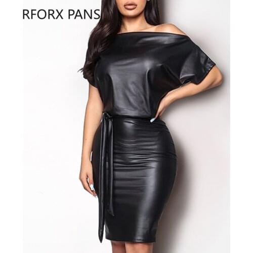 Skew Neck Batwing Short Sleeve PU Bodycon Dress